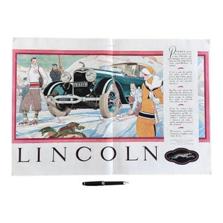 1928 Authentic French Vintage Lincoln Classic Car Advertisement, Not Matted: Double-Page Winter Ski Illustration For Sale