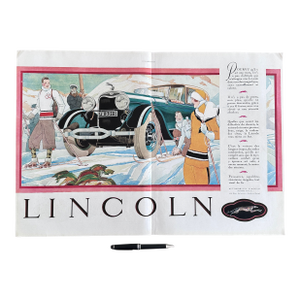 1928 Authentic French Vintage Lincoln Classic Car Advertisement, Not Matted: Double-Page Winter Ski Illustration