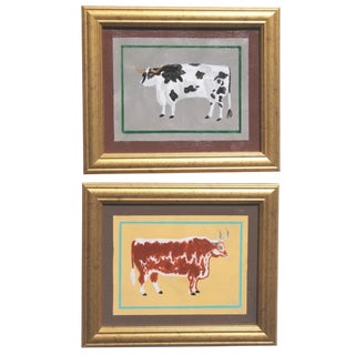 Bull Cow Steer Minimalism Folk Art Original Oil Painting by Cleo Plowden - Set of 2 For Sale