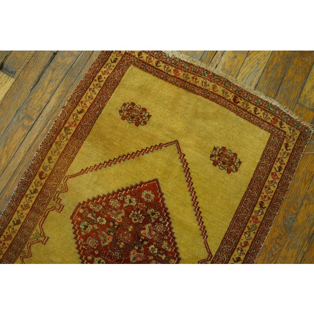 Textile 1880s Yellow Saffron Medallion Antique Persian Senneh Rug 2' X 2'10" Handmade Wool Carpet For Sale - Image 7 of 8