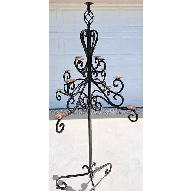 1920s Monumental 13-Light Mexican Hand-Forged Wrought Iron Floor Candelabra – Spanish Colonial Hacienda Style, 65” Tall For Sale - Image 5 of 18