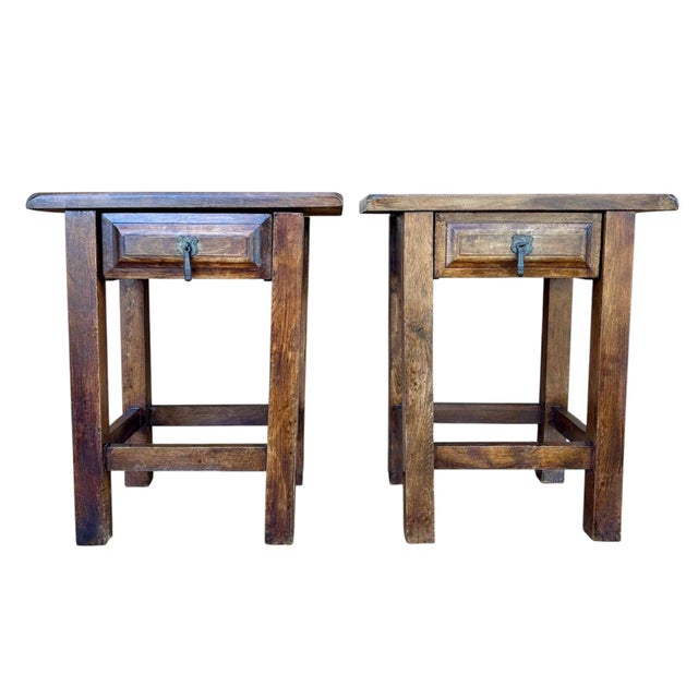 Spanish Chestnut Nightstands with Drawers, 1910, Set of 2 For Sale - Image 9 of 9