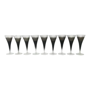 Champagne Flutes Glasses in Black & Silver, Circa 1960s, Set of 9