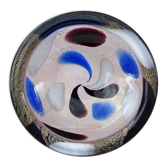 Murano Vintage Gold Flecks Blue Purple Black White Spots Italian Art Glass Midcentury Bowl For Sale