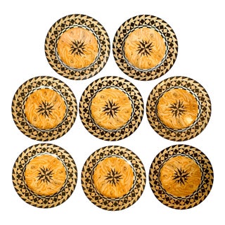 Vintage Emilio Bergamin Taitu Italy Legno Faux Bois Compass Dinner Plates- Set of 8 For Sale