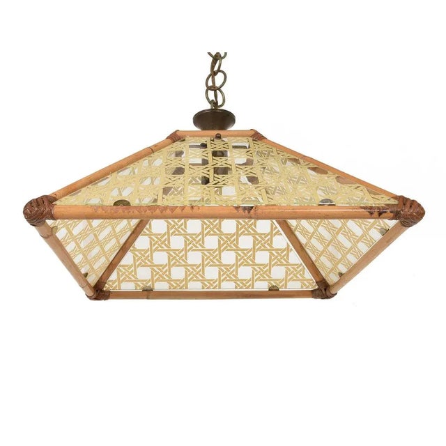 1970s Glass, Rattan, Bamboo & Brass Pendant Light, Italy, 1970s For Sale - Image 5 of 8