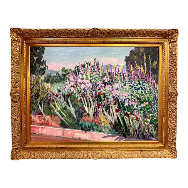 Large Impressionist Garden Landscape Oil Painting in Ornate Gilt Frame by P. M. Overton For Sale