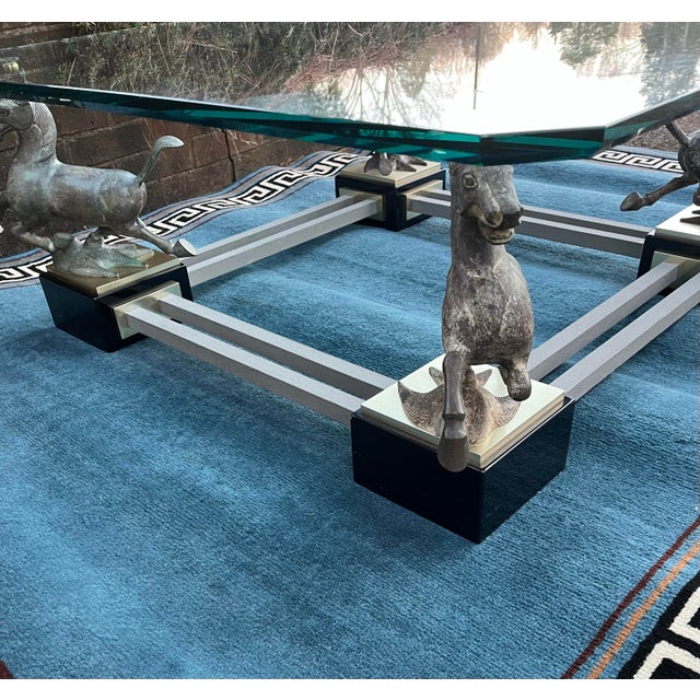 1970s 1970s French Maison Charles Flying Horses of Gansu Bronze & Brass Cocktail Table For Sale - Image 5 of 7