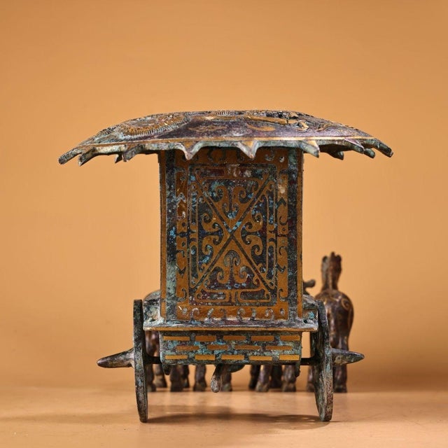Large Vintage Bronze Chariot Sculpture - Asian Gold-Inlaid Horse & Carriage Statue With Inscriptions For Sale - Image 10 of 10