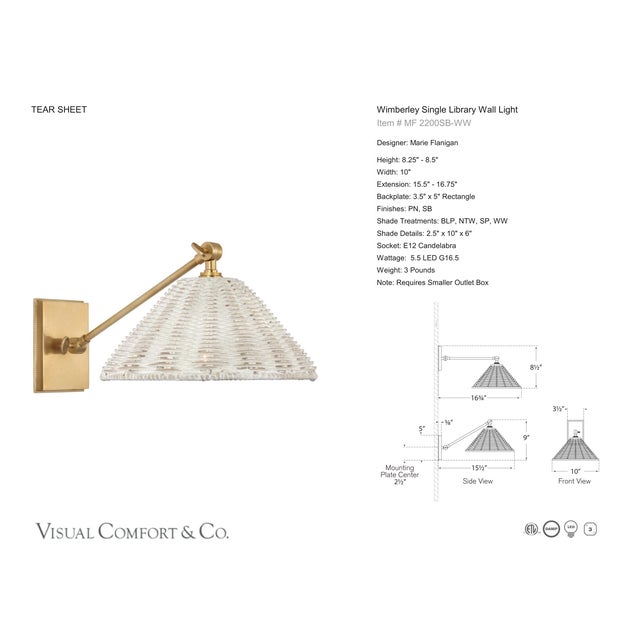 Traditional Marie Flanigan for Visual Comfort Signature Wimberley Single Library Wall Light in Soft Brass with White Wicker Shade For Sale - Image 3 of 5