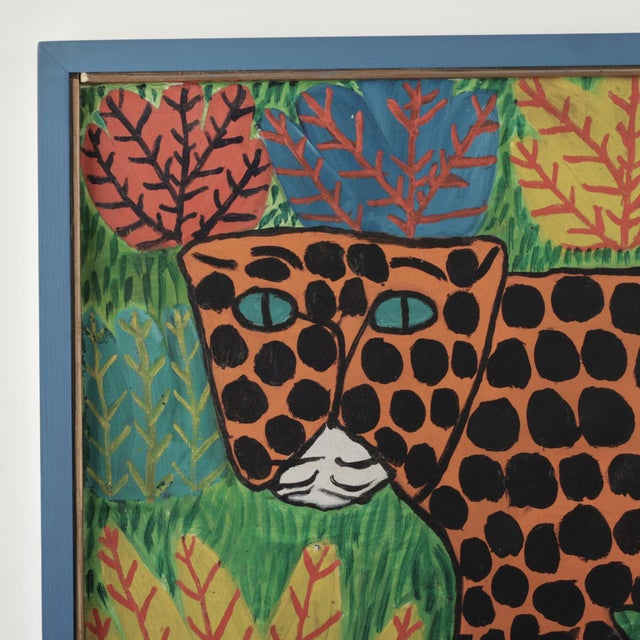 Striking mid century Haitian acrylic painting on canvas of a leopard executed in a distinctive naif style with lush bold...