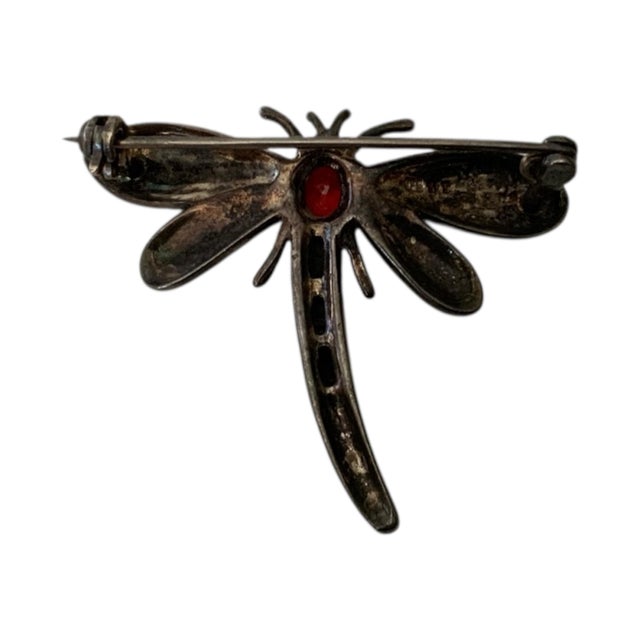1970s Sterling Silver Garnet Marcasite Dragonfly Brooch Pin For Sale - Image 4 of 4