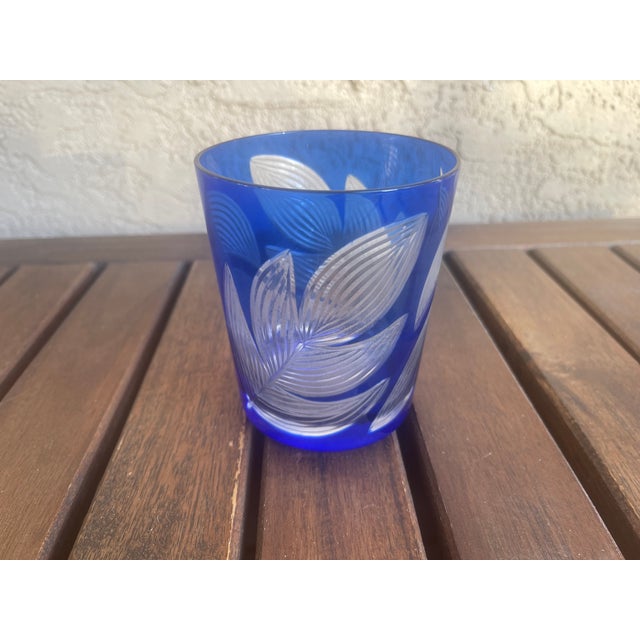 1960s Vintage Bohemia Cut to Clear Cobalt Blue Leaf Lowball Tumblers - Set of 4 For Sale - Image 5 of 7