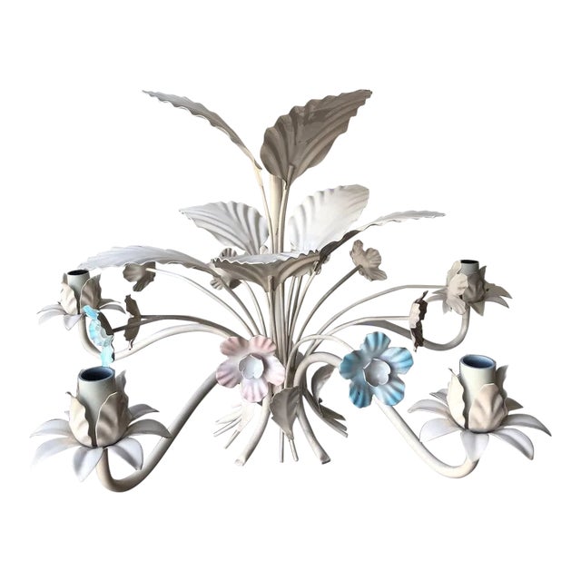 Vintage Italian Tole Chandelier - Blue and Pink For Sale