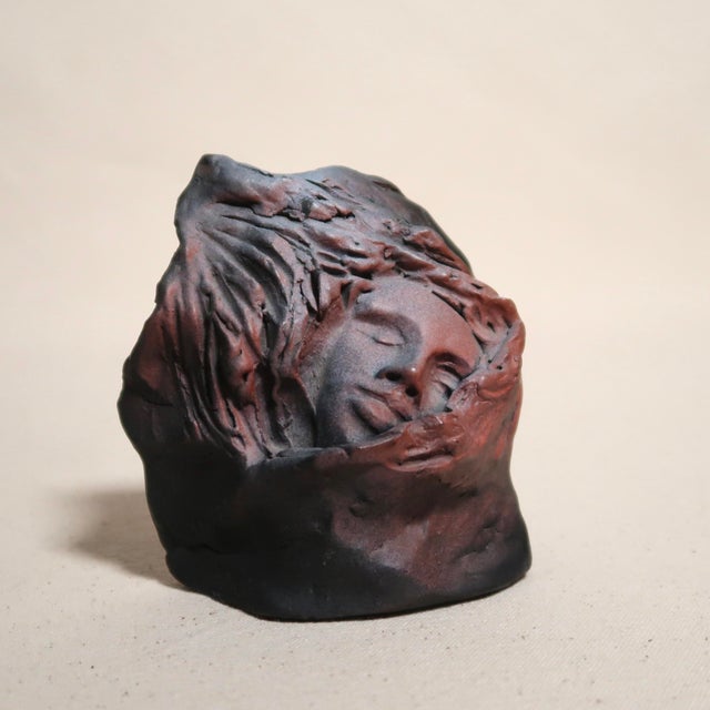 Handmade Figurative Ceramic Surreal Veiled Detailed Face Bust Sculpture in Charcoal and & Mauve Glaze For Sale - Image 11 of 17