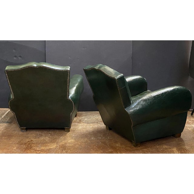 Art Deco Dark Green Leather Club or Lounge Chairs From France - Two Available For Sale - Image 11 of 12