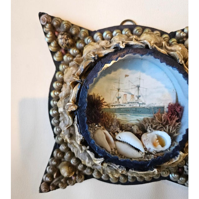 Shell Edwardian Shellwork Valentine Diorama of a Royal Navy Cruiser, Star-Shaped Frame For Sale - Image 7 of 9