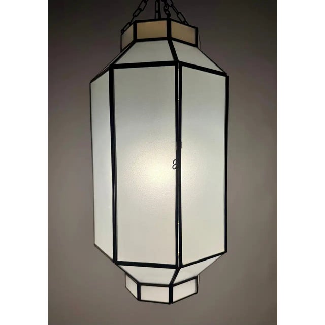 Metal 1990s Art Deco Style Frosted White Milk Glass & Bronze Octagonal Pendant - a Pair For Sale - Image 7 of 15