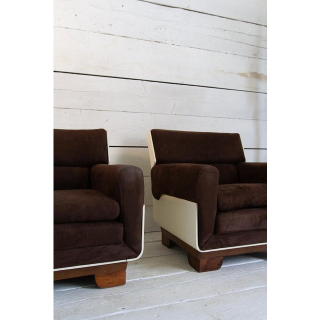 Space Age Armchairs with Wooden Pouf and Alcantara, 1960s, Set of 3 For Sale - Image 18 of 18