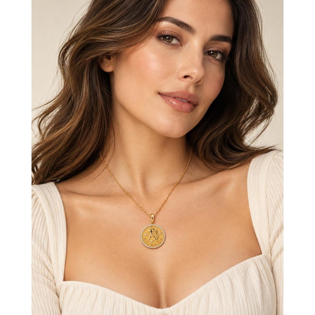 Modern Late 20th Century 14k Yellow Gold Aquarius Zodiac Sign Diamond Studded Pendant For Sale - Image 3 of 7