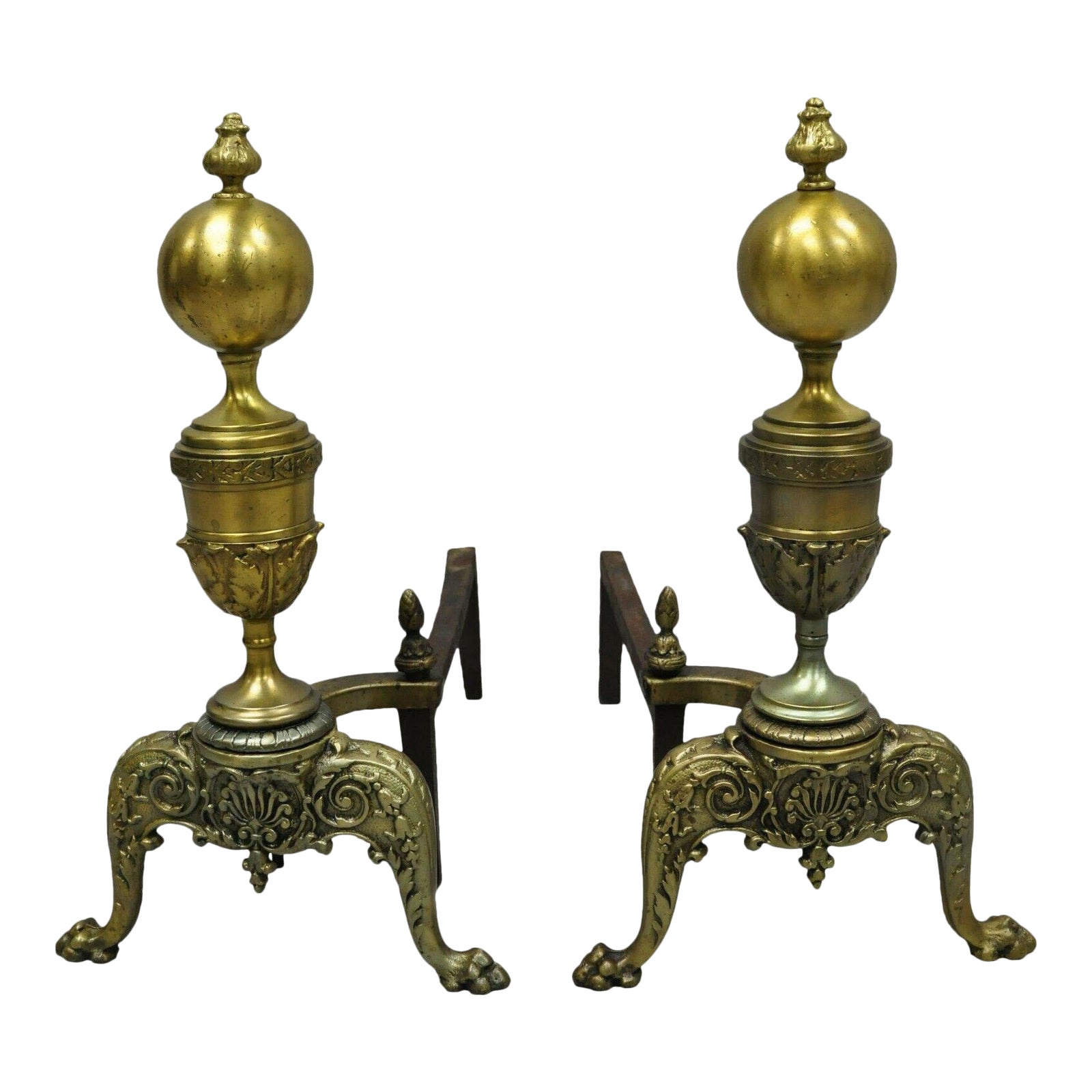 Vintage French Empire Style Brass Cannonball Paw Foot Fireplace