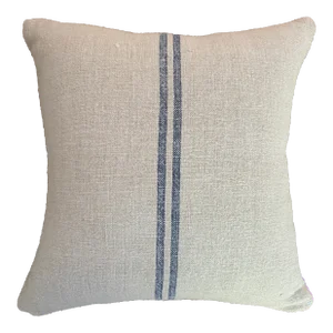 Vintage French Ivory Grain Sack Pillow With Blue Stripes and Brown Leather Piping