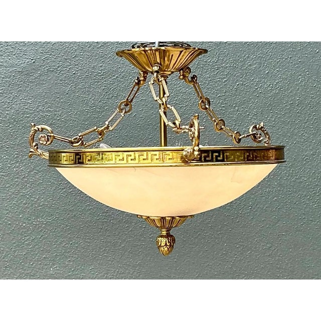 Vintage Metal and Glass Greek Key Pendant Light For Sale - Image 4 of 12