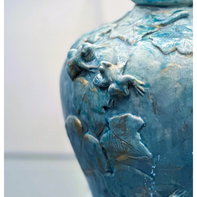 Blue French Ceramic Lamp in Turquoise Glaze For Sale - Image 8 of 11