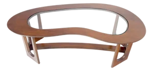 Oiled Walnut Boomerang Kidney Shape Glass Top Stretcher Base Coffee Table Mint