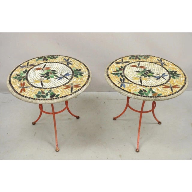 Late 20th Century Italian Dragonfly Mosaic Tile Round Stone Top Iron Patio Side Tables - Pair For Sale - Image 4 of 12