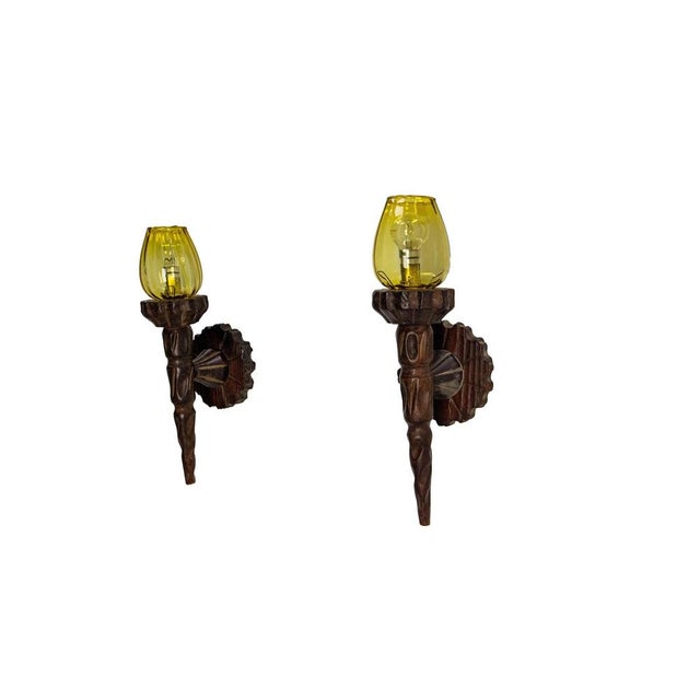 French wall sconces pair of lights, massive beech and yellow glass. Each sconce consists of a wall bracket made of stained...