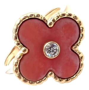 Van Cleef & Arpels Alhambra Yellow Gold Coral Diamond Ring