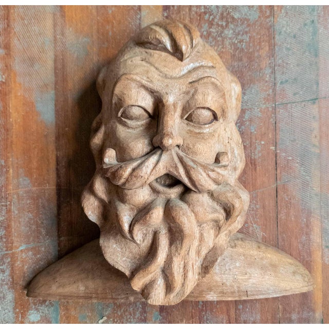 Traditional 19th Century or Earlier Folk Art Carved Bearded Figure Head in Oak, North Wind Sea God For Sale - Image 3 of 16