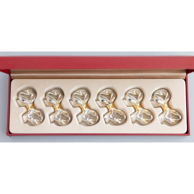 Art Nouveau Vintage Boxed Set of French Silver & Gold Bows Place Card Holders - Set of 6 For Sale - Image 3 of 8