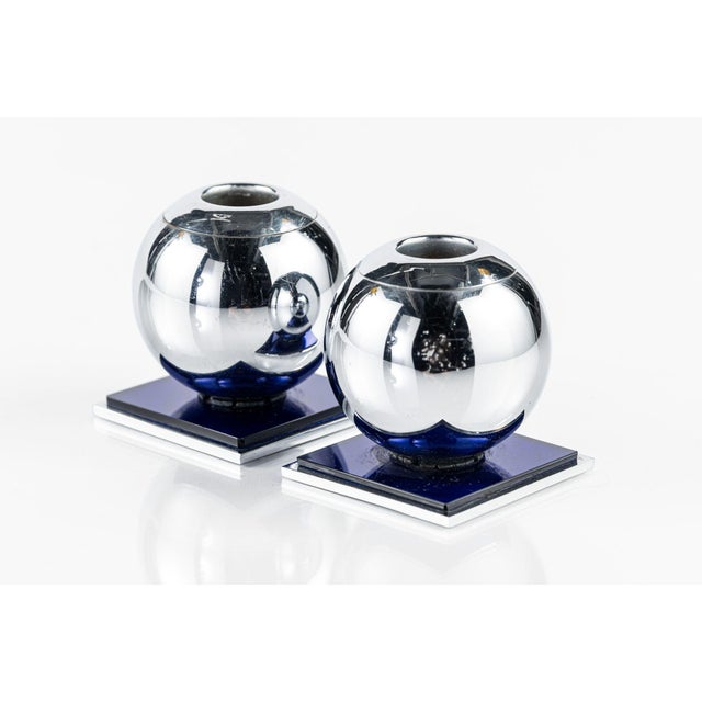 Art Deco Chrome and Cobalt Blue Candleholders by Walter Von Nessen for Chase, 1930s For Sale In Detroit - Image 6 of 14