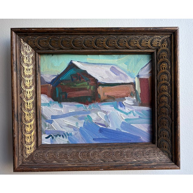 “Snowed In”: Wonderfully rustic abstract expressionist cabin landscape in oil on canvas board, signed on recto and en...