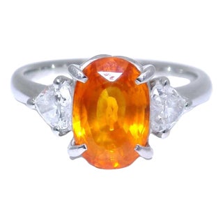 3.89 Carat Orange Sapphire Diamond Platinum Three-Stone Ring, Gia Certified, Size 7.25 For Sale
