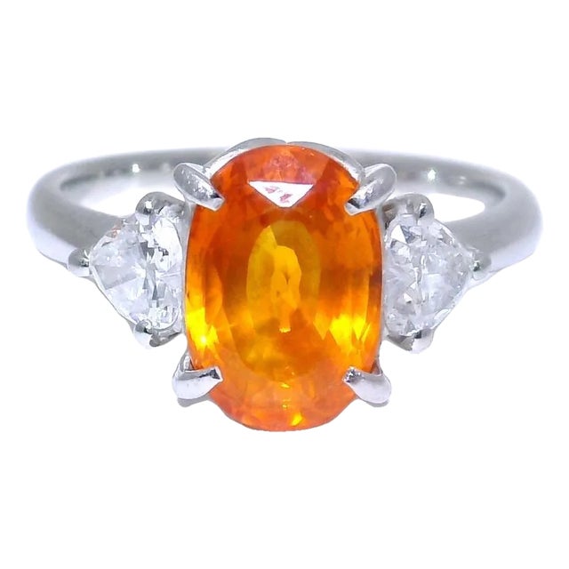 3.89 Carat Orange Sapphire Diamond Platinum Three-Stone Ring, Gia Certified, Size 7.25 For Sale