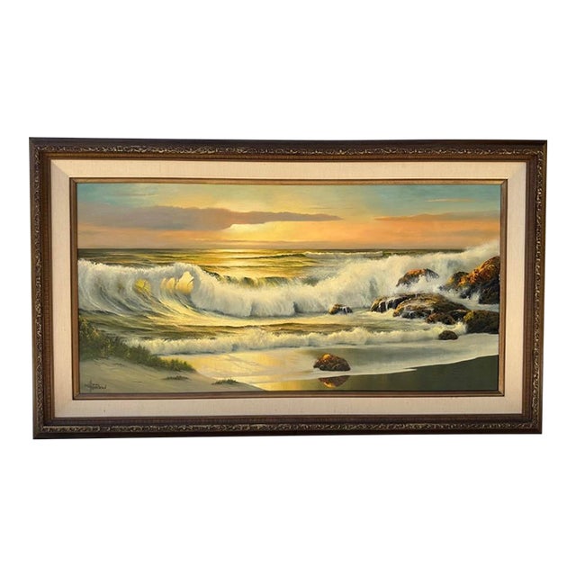 Listed Artist William Hoffman X Large Gold Gilt Framed Sunset Seascape 1970 For Sale
