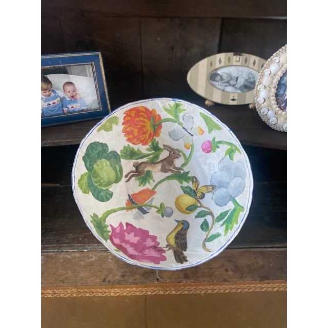 Hand sculpted papier mache bowl with hand painted rabbit, bird and floral motifs. Whimsical artwork for the wall or table...
