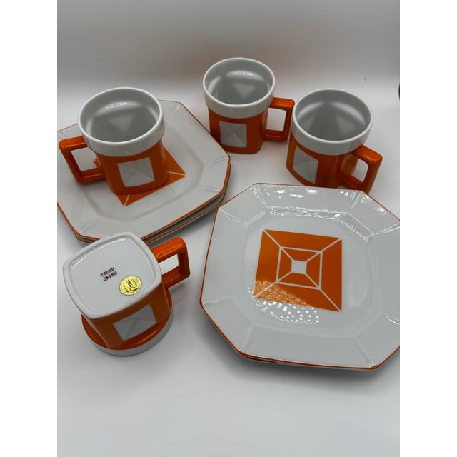 1950s Mid-Century Modern Trend by Nasco Geometric Orange and White Ceramic Mug and Saucer Set - 9 pcs For Sale - Image 11 of 11
