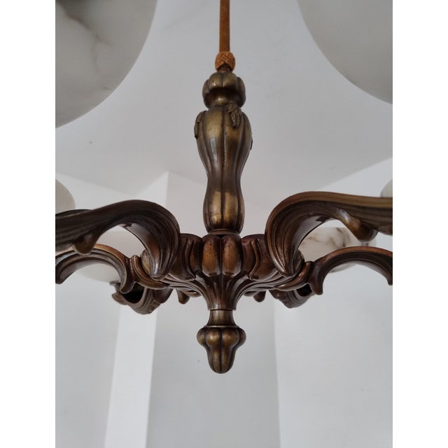 Metal Art Deco Brass Alabaster Chandelier, 1930s For Sale - Image 7 of 18