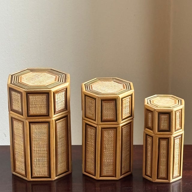 1960s Bamboo & Rattan Octagonal Nesting Boxes — Set of 3 For Sale - Image 10 of 17