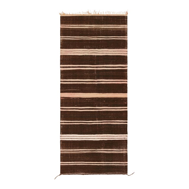 Vintage Moroccan Kilim Runner Rug With Beige-Brown Stripes, From Rug & Kilim For Sale