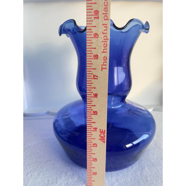 Vintage Cobalt Blue Blown Glass Vase 10” High Ruffled Edge Made in Colombia For Sale - Image 4 of 7