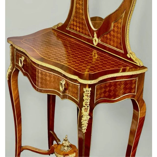 Late 19th Century French Ormolu-Mounted Kingwood and Parquetry Vanity Dressing Table For Sale - Image 4 of 12
