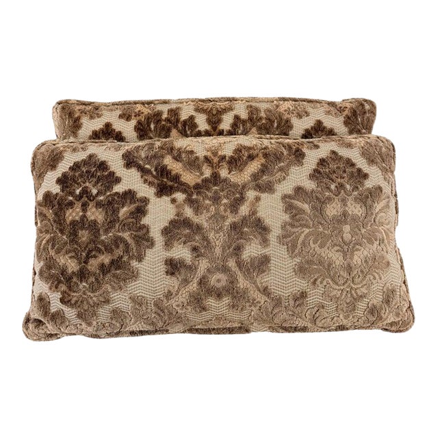 Pair of Cut Velvet Lumbar Pillows, Taupe-Brown Damask, Antique Style For Sale