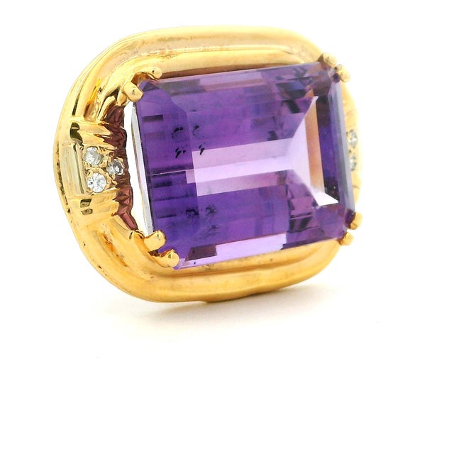 Italian 14k Gold Emerald-Cut Amethyst & Diamond Cocktail Ring, Circa 1980, Size 7.25 For Sale - Image 13 of 14