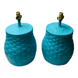 Mid 20th Century Basket Weave Turquoise Ceramic Lamps-A Pair