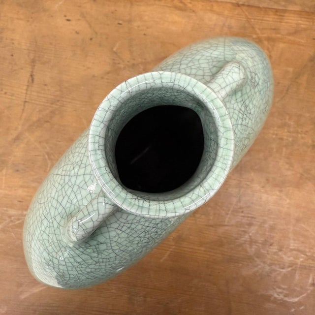Ceramic Celedon Green Crackle Glazed Ceramic Vase with Small Handles For Sale - Image 7 of 9
